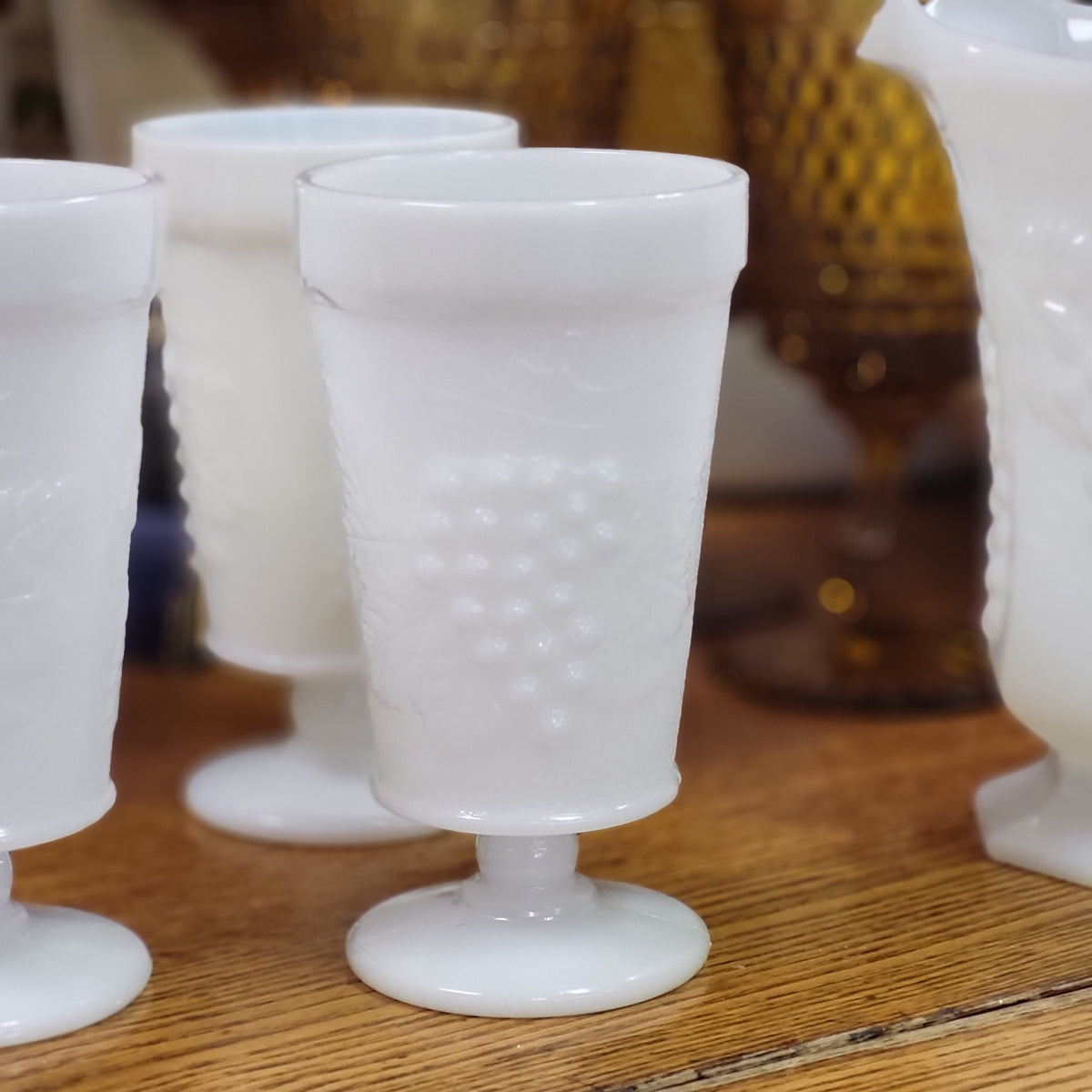 Hocking Milk Glass Octagonal Pitcher sale & 5 Goblet Set Vintage Grape Leaf Design