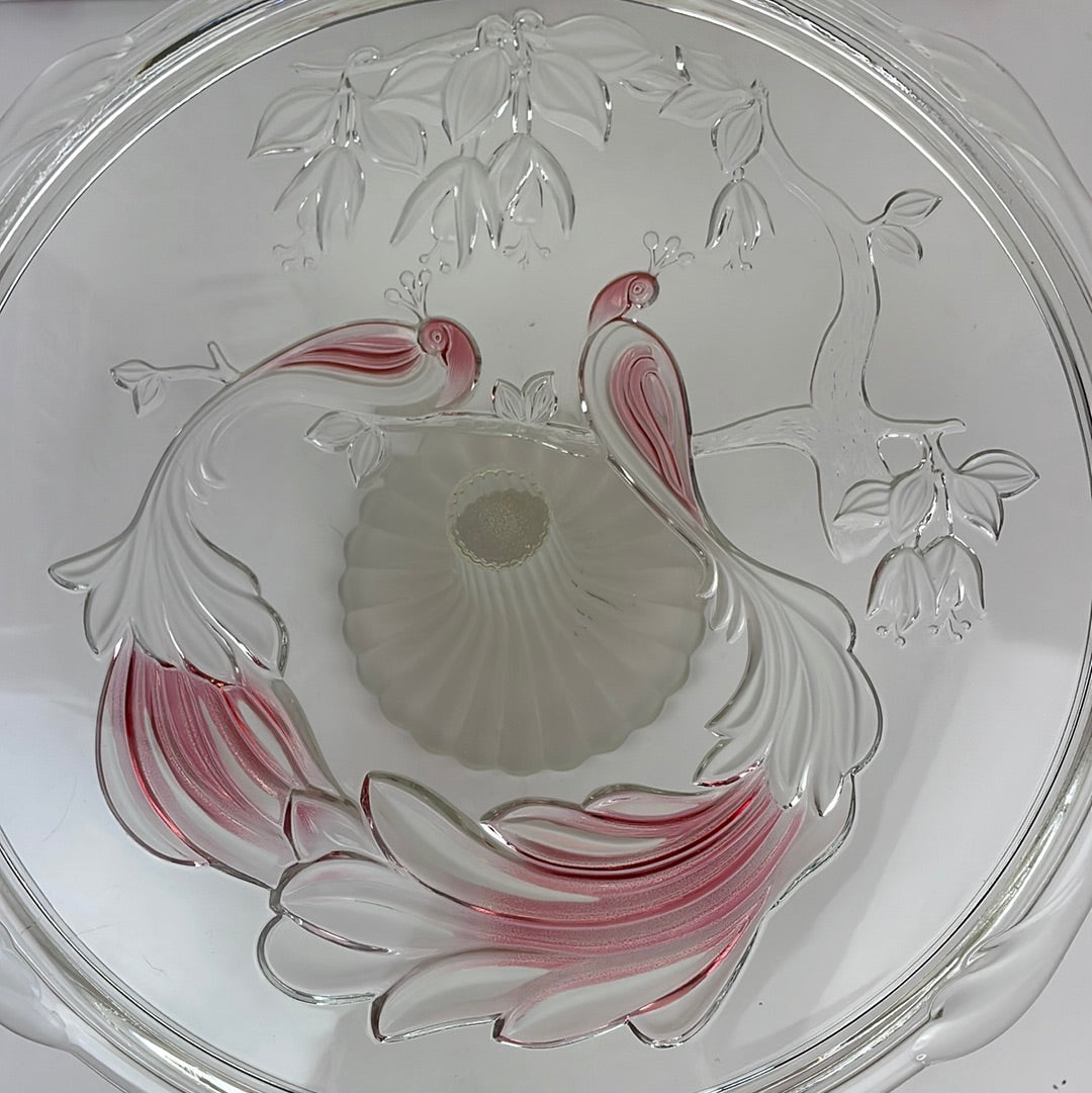 Vintage Mikasa Frosted Glass Pedestal Cake Platter with Peacock Relief Fluffernutter Vintage