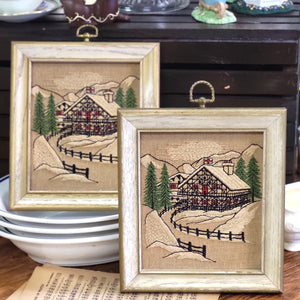 Pair of Vintage Chalet Crewel Embroidery Wall Art