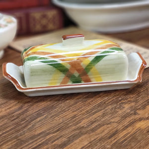 1950s Vernonware Homespun Butter Dish, Green and Yellow Gingham Plaid