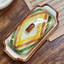 Load image into Gallery viewer, 1950s Vernonware Homespun Butter Dish, Green and Yellow Gingham Plaid