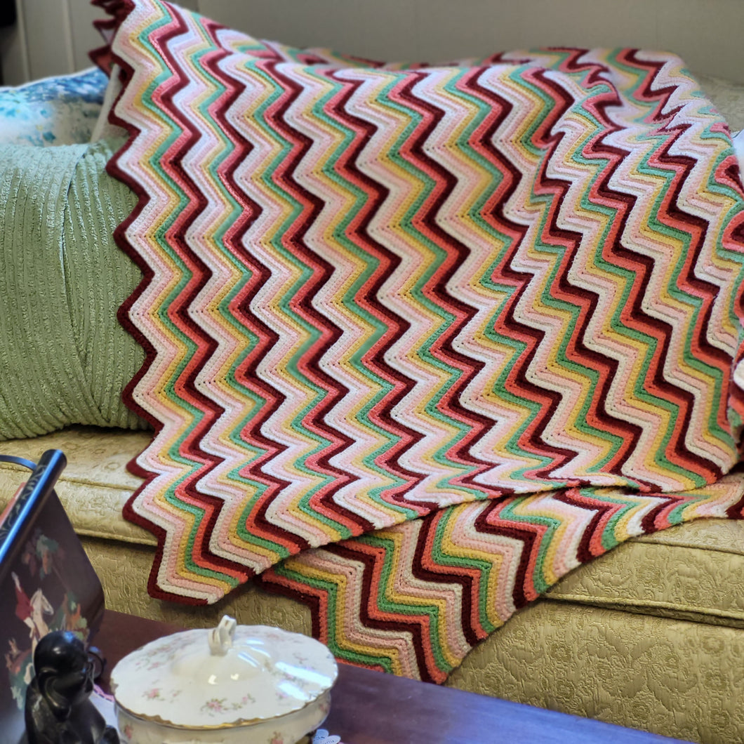 Handmade Crocheted Afghan/Blanket Zig Zag Multi-Colored Pattern 