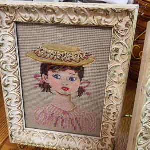 Handcrafted Needlepoint Framed Portraits - A Young Girl and A young Boy