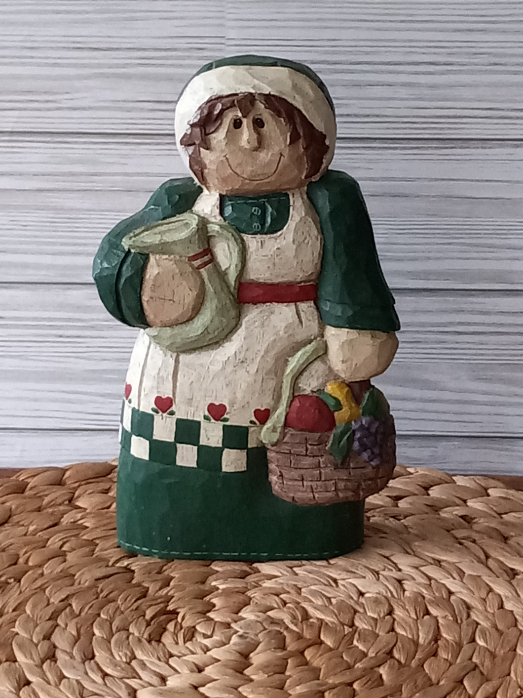 Carved Wooden Country Woman with Basket Made by Midwest of Cannon Falls