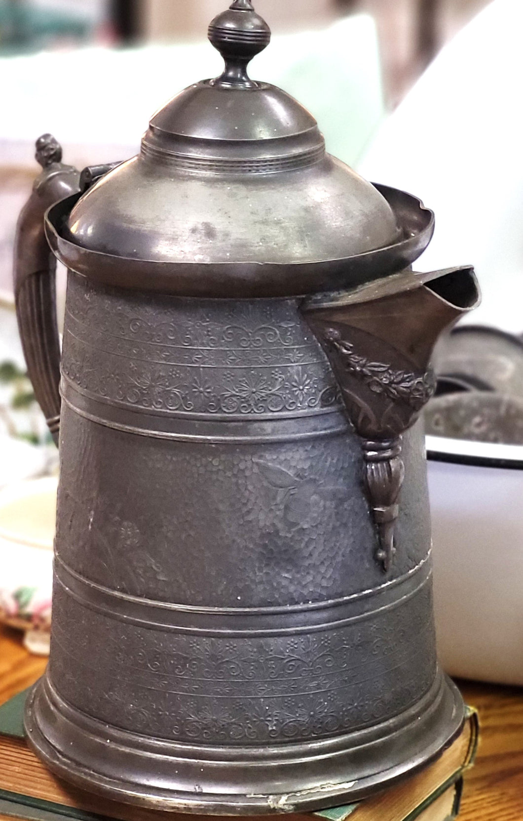 Antique Turn of 19th Century Ornate Metal Water/Coffee Pitcher