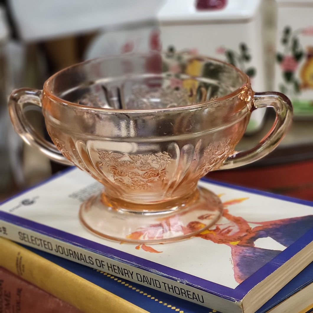 Vintage Pink Federal Glass Rose of Sharon Sugar Bowl