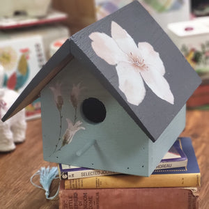 Hand Painted Classic Style Birdhouse, Blue with Black Roof and White Floral Design