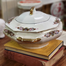 Load image into Gallery viewer, Antique Hexagon Vegetable Dish with Lid, Porcelain Handled Serving Dish Floral and Gold Design
