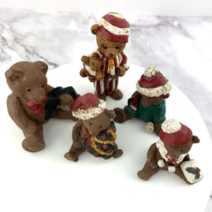 Vintage Rustic Christmas Bear Figurine Collection Set of 5 Holiday Teddy Bears