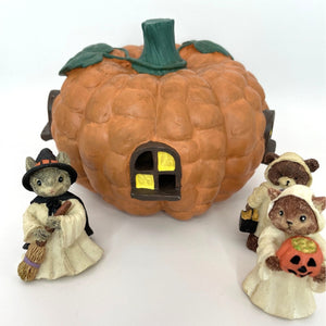 Vintage Lighted Munchkin Pumpkin Halloween House - 4 Pieces