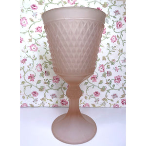 Vintage Pink Satin Diamond Point Chalice Vase, Frosted Depression Glass