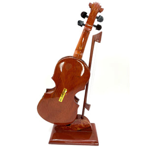 Miniature Wooden Violin with Bow on a Wooden Base, Made in Vietnam