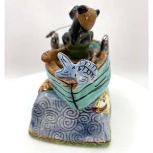Blue Sky Clayworks Bear Fishing Wine Cork Stopper and Stand, Blackbears Lodge