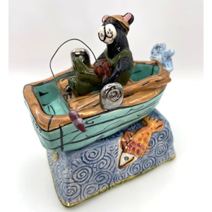 Blue Sky Clayworks Bear Fishing Wine Cork Stopper and Stand, Blackbears Lodge