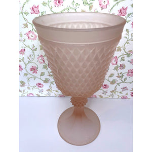 Vintage Pink Satin Diamond Point Chalice Vase, Frosted Depression Glass