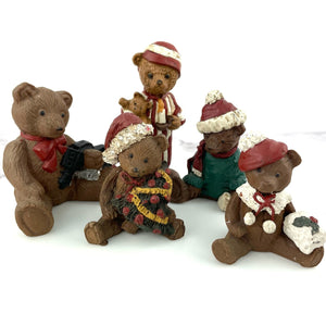 Vintage Rustic Christmas Bear Figurine Collection Set of 5 Holiday Teddy Bears