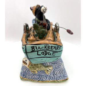 Blue Sky Clayworks Bear Fishing Wine Cork Stopper and Stand, Blackbears Lodge