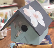 Load image into Gallery viewer, Hand Painted Classic Style Birdhouse, Blue with Black Roof and White Floral Design