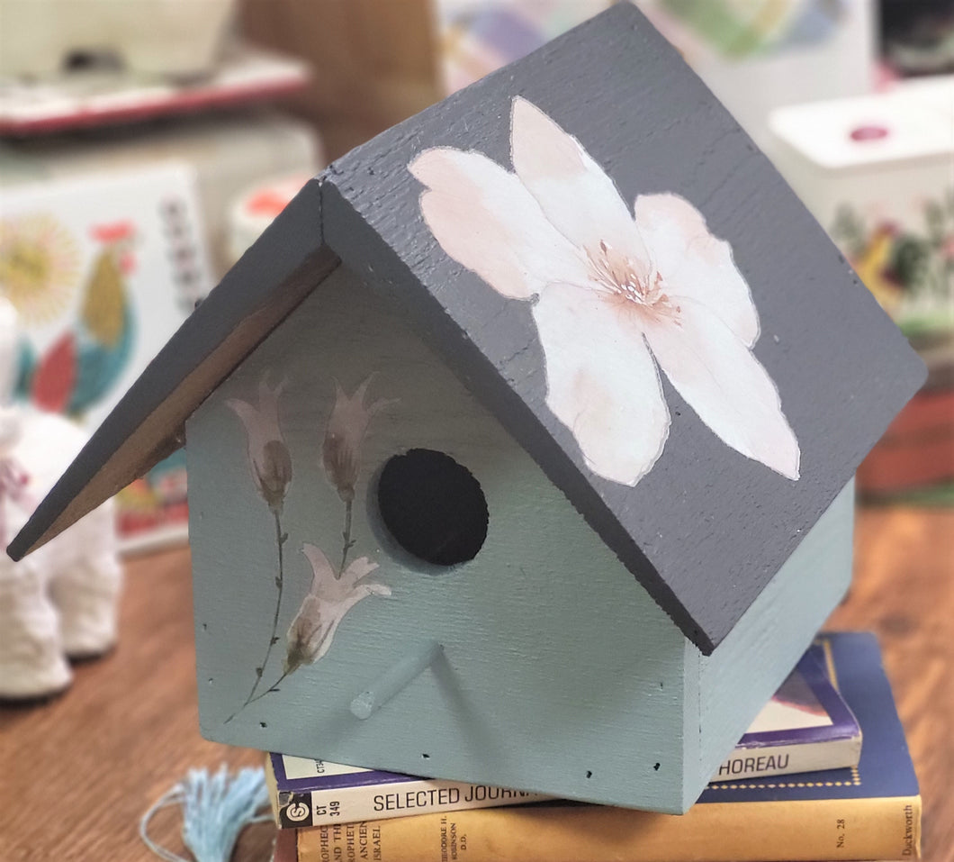 Hand Painted Classic Style Birdhouse, Blue with Black Roof and White Floral Design