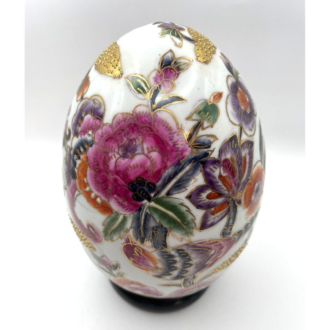 Vintage Hand Painted Moriage Egg, Floral and Bird Pattern with Gold Gilding