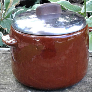 Vintage West Bend Brown Bean/Soup Stoneware Pot - Metal Lid