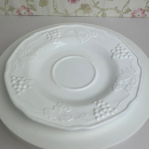 Vintage Milk Glass Teacup and Saucer Set, Grapes and leaves Harvest pattern, Indiana Glass