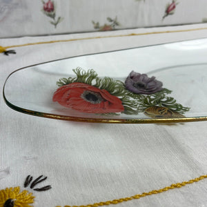 Vintage Chance Glass Fiestaware Anemone-Pattern Oval Glass Dish/Tray with Floral Design