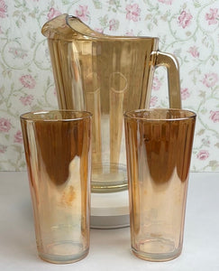 Vintage Marigold/Peach Lusterware Pitcher and Matching Tumblers