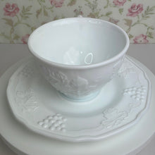 Load image into Gallery viewer, Vintage Milk Glass Teacup and Saucer Set, Grapes and leaves Harvest pattern, Indiana Glass