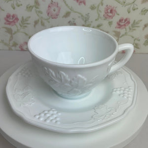 Vintage Milk Glass Teacup and Saucer Set, Grapes and leaves Harvest pattern, Indiana Glass