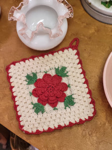 Vintage Crocheted Trivet - Rose