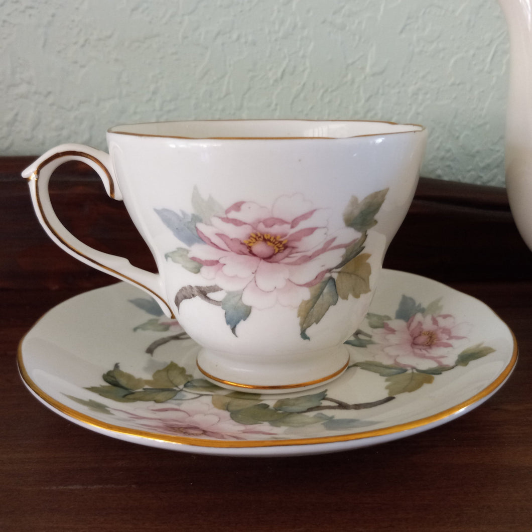 Vintage Duchess Bone China English Teacup and Saucer with Pink Floral Design