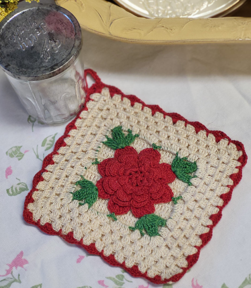 Vintage Crocheted Trivet - Rose
